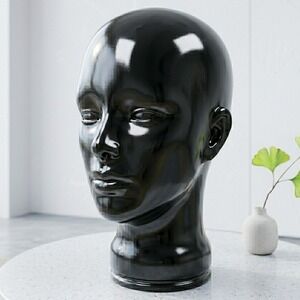 Vintage Glossy Black Glass Mannequin Head Display Stand Wigs Hats Jewelry 11"